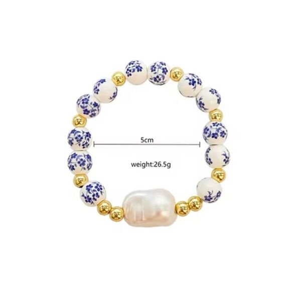 Blue White Porcelain Bead Bracelet Set with Gold Accents Baroque Pearl Set of 2 - Picture 4 of 7